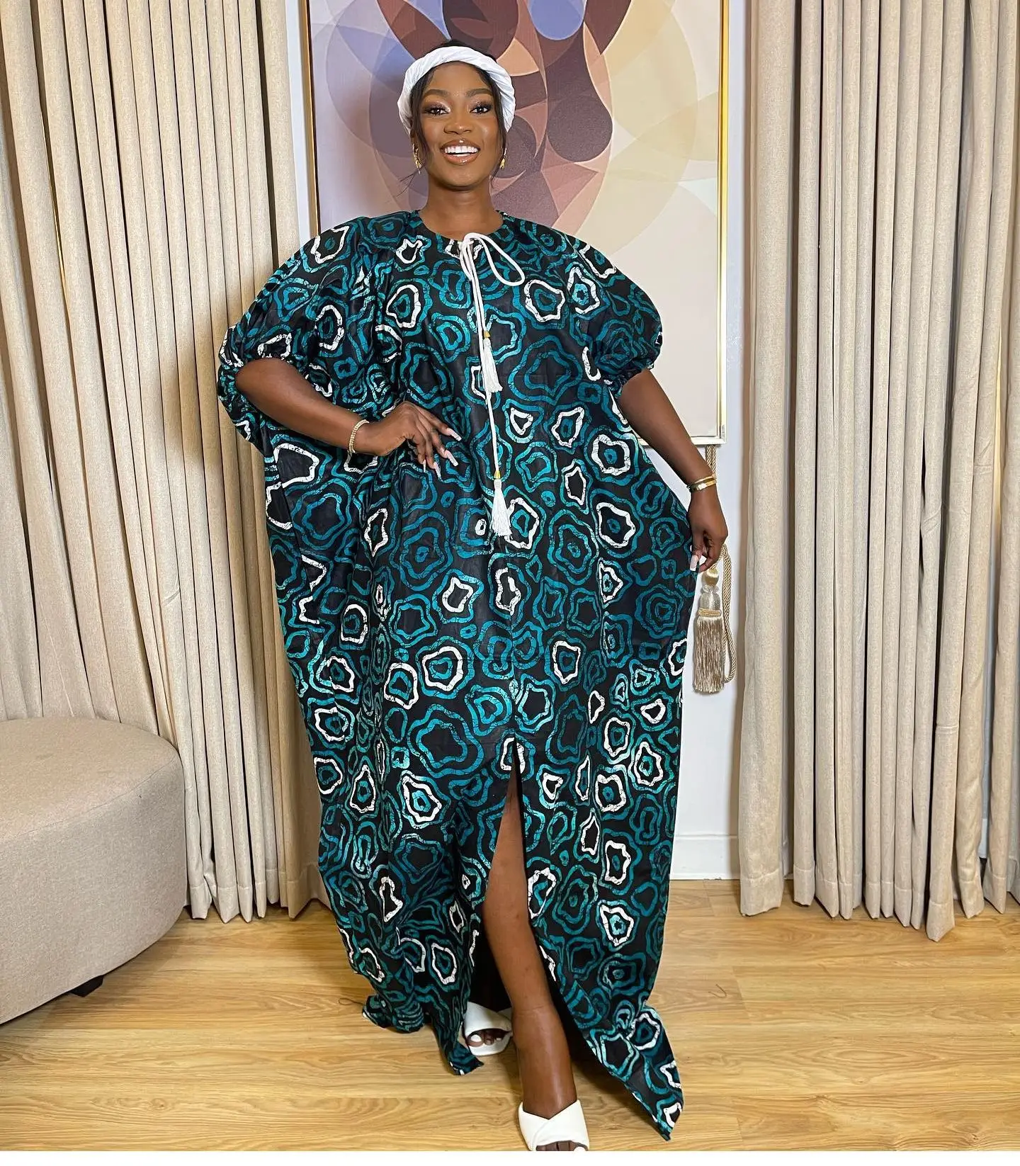 

African Dresses For Women Traditional Plus Size Africa Clothing Loose Print Lace Up Coollar Maxi Dress Robe