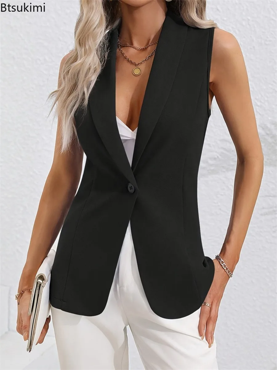 

2024 New Women's Solid Blazer Vest Sleeveless Slim Cardigan Single Button Suit Jacket Waistcoat Females Formal Commuter Clothing