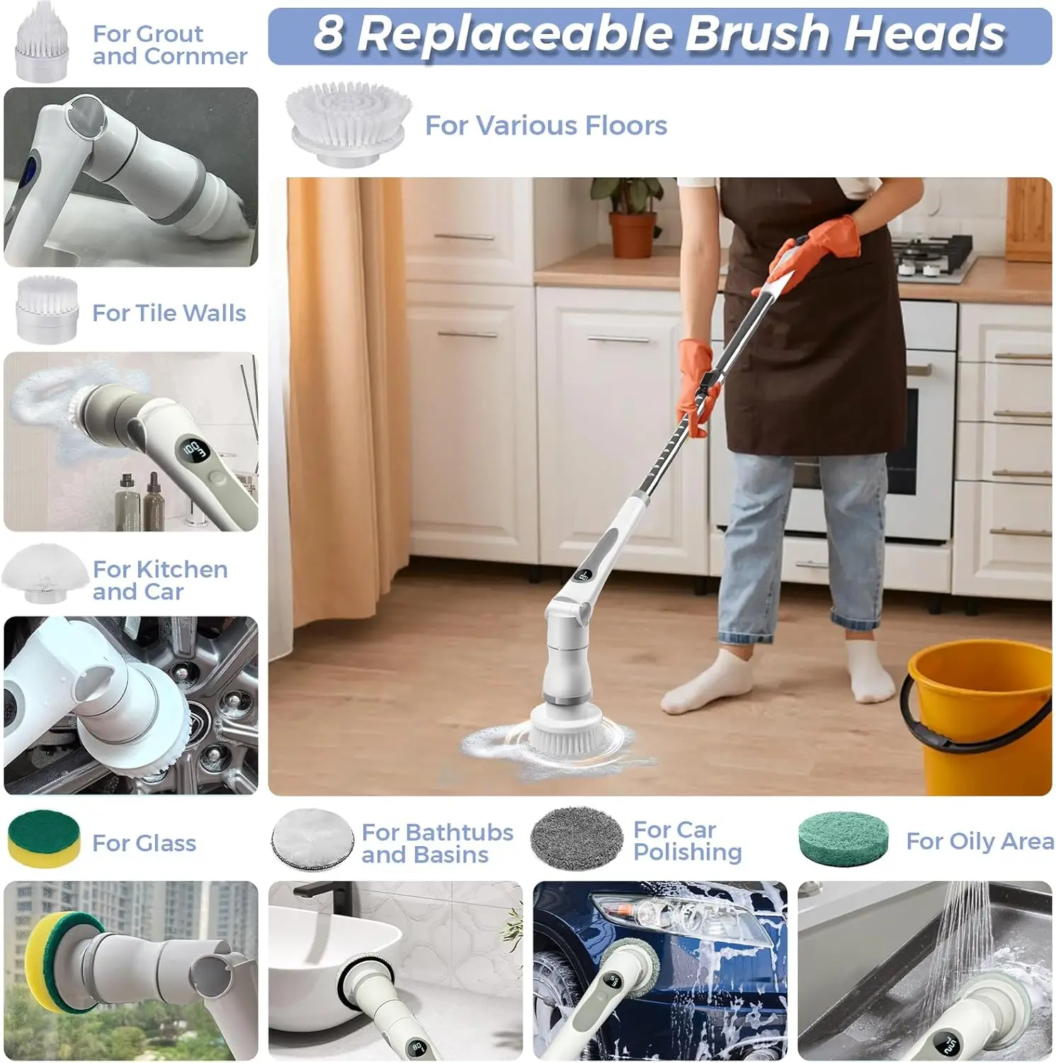 Electric Spin Scrubber, Cordless Cleaning Shower Brush 8 Cleaner Heads LCD Display 3 Speeds Adjustable Extension Handle I