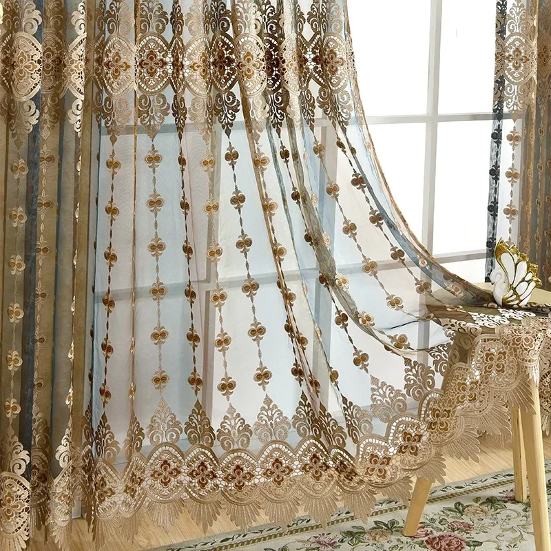 European Luxury Embroidery Coffee Beige Tulle Sheer Curtains for Living Room Bedroom Dining Thicken Window Decor Custom Thicken