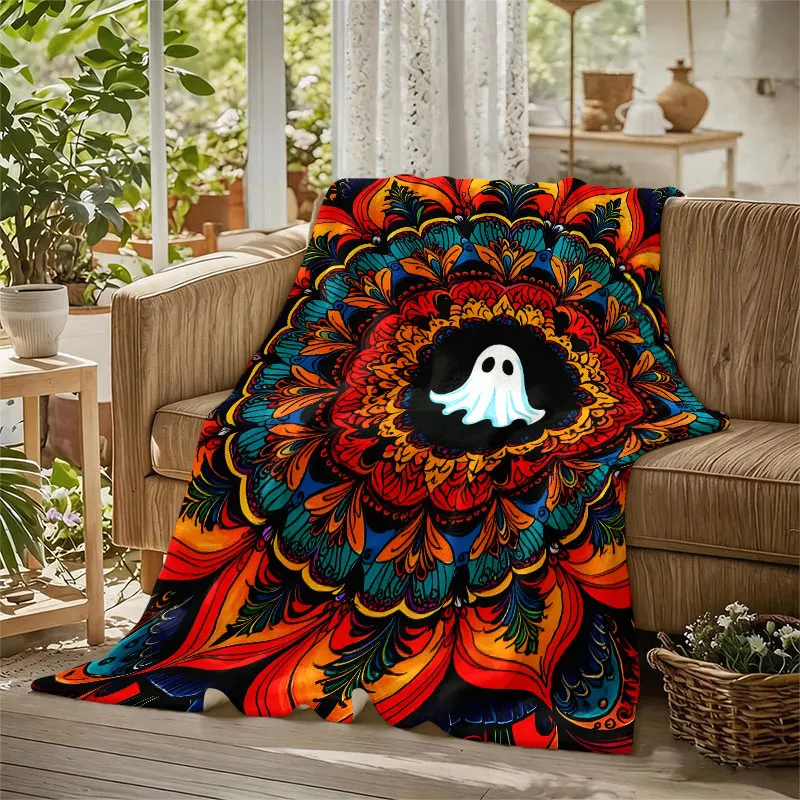 Ghost Mandala Halloween Flannel Blanket Perfect for Sofa Office Bed Travel Sleep Read Relax Camping Four Season Use