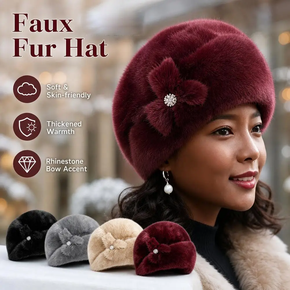 Solid Color Faux Rabbit Fur Winter Hat Thickened Keep Warm Middle-aged Cap Flower Decor Bucket Hats for Women Cap