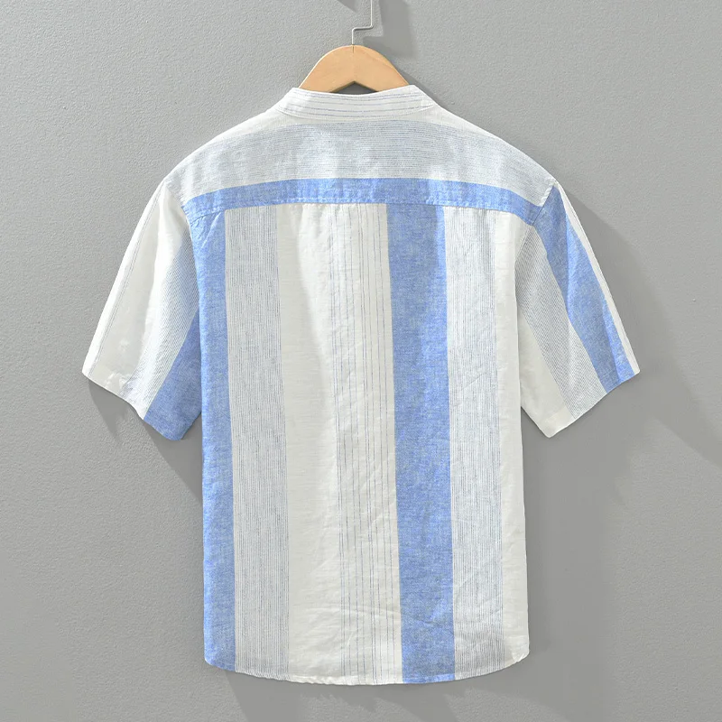 100%Linen Pullover Short Sleeve Shirts for Men 2024 Summer New Fashion Striped Casual Loose Shirts