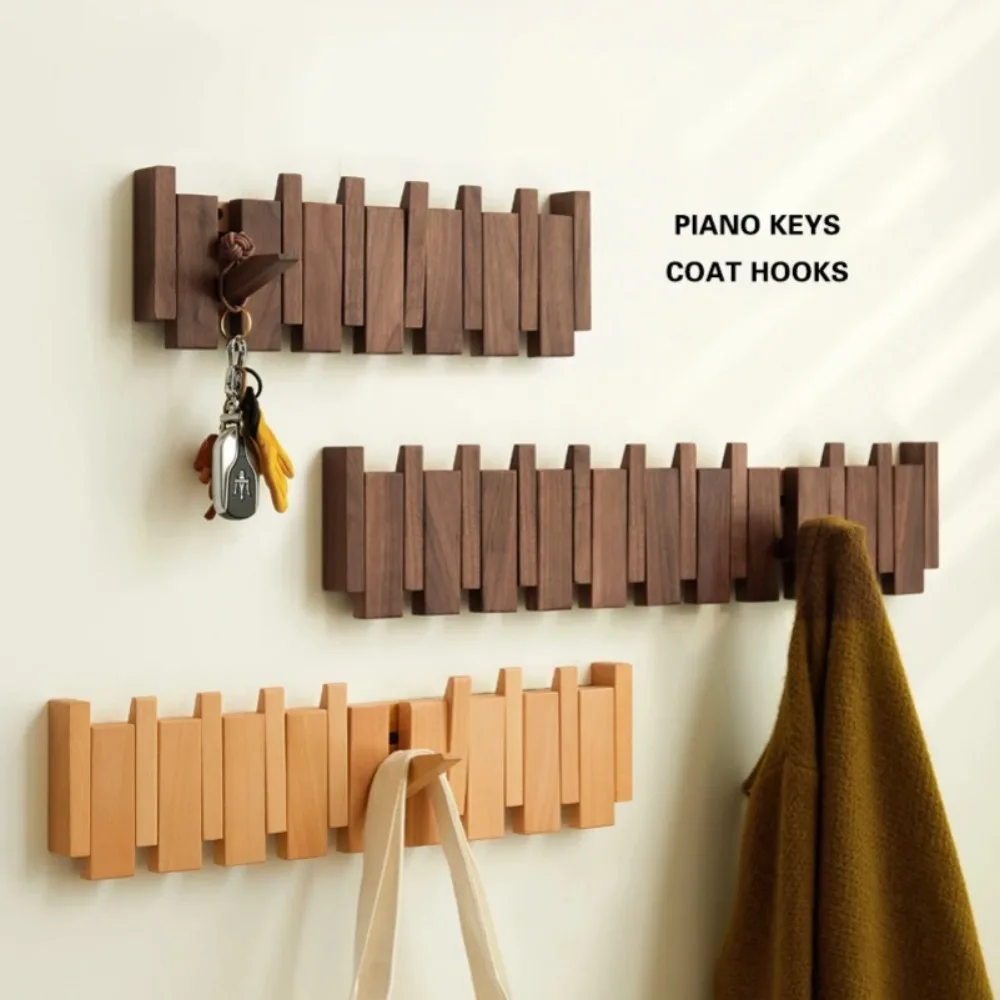 

New Wall Mounted Wood Coat Racks Piano Key Shaped with 8 Hooks Hats Organizer Art Entry Door Porch Hanging Hook Home Decor