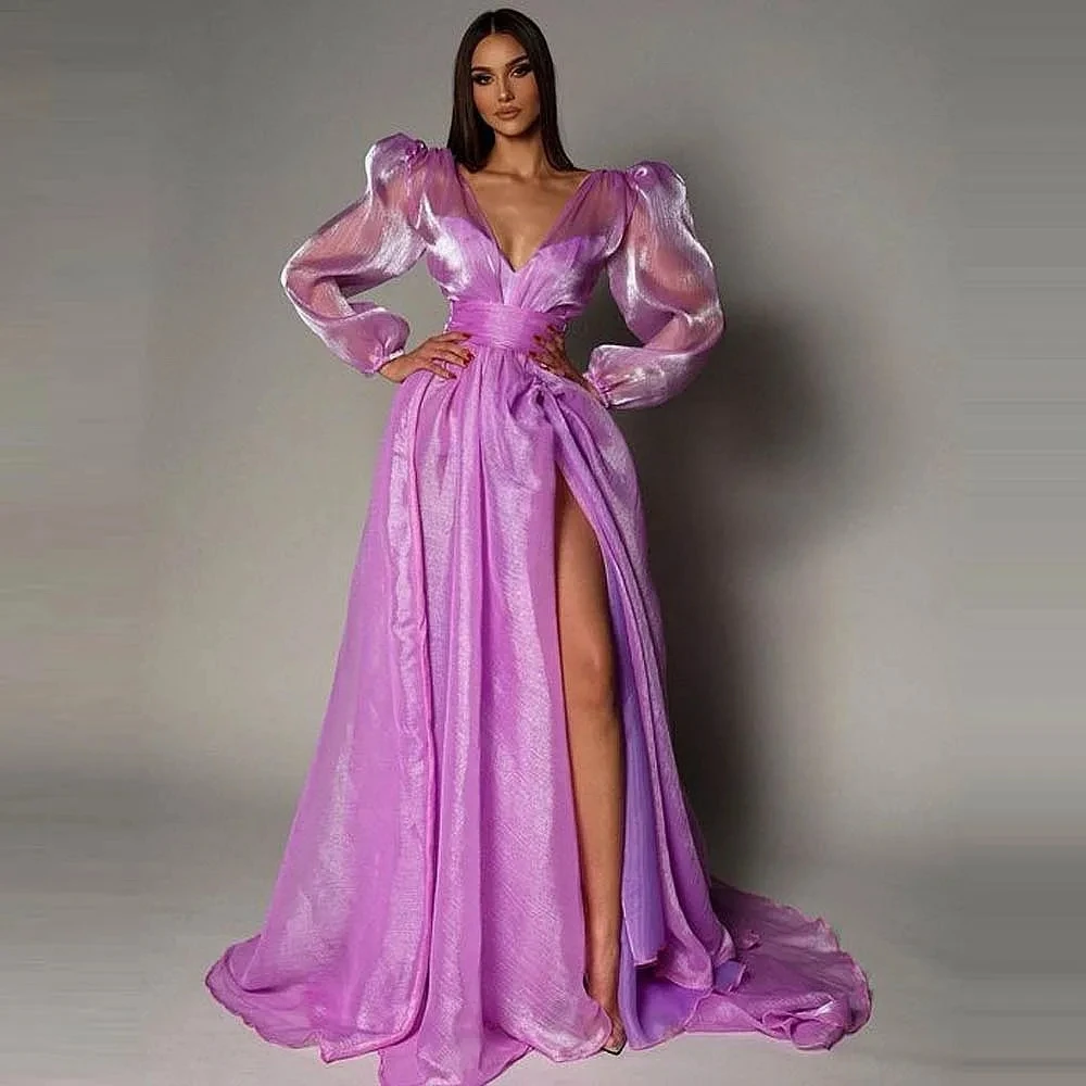 

Evening Dresses High Slit Puffy Long Sleeves Wedding Reception Dress Lavender Organza With Deep V Neck 2024 NEW