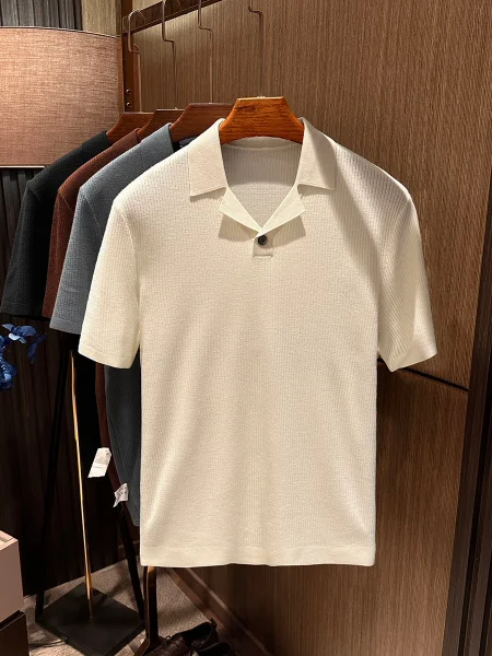 High Quality Men's Summer  Shirt Short Sleeve Knitted Australian Wool Precision Spun Comfortable Breathable Scissors Collar