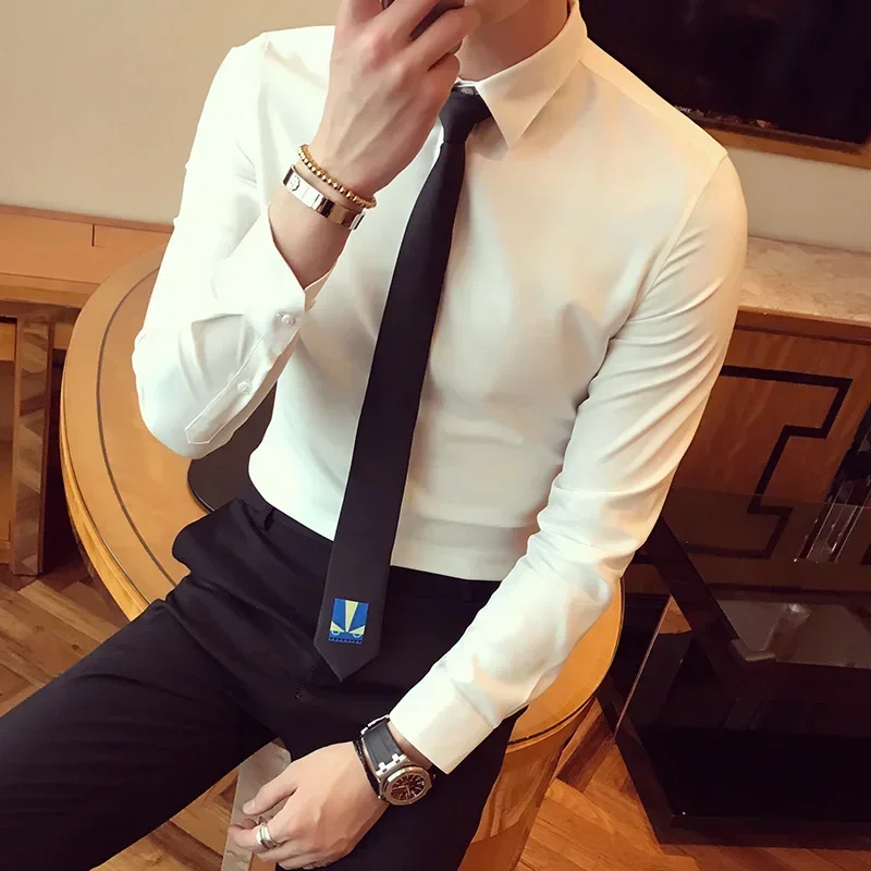 6 Colors 2022 Boutique Fashion Solid Color Men's Formal Slim Business Long Sleeve Shirts Groom Wedding Party Male Shirts