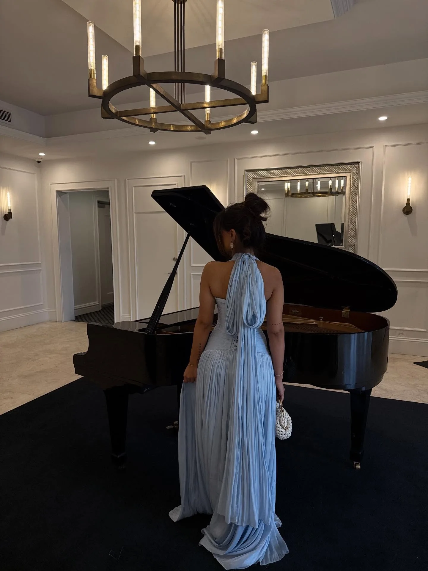 Eightale Arabic Evening Dress V-Neck Pleats Crepe Customized Shiny A-Line Dusty Blue Prom Wedding Party Gown view 6