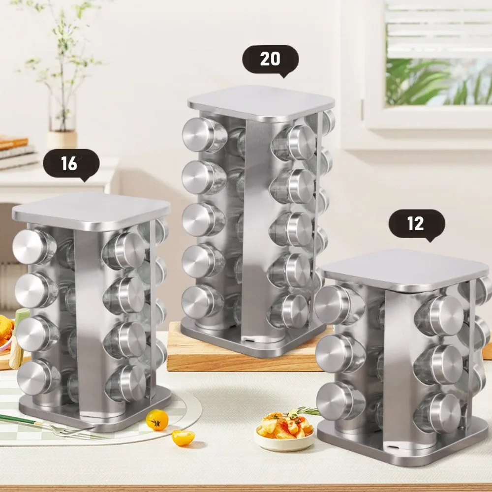 Stainless Steel Spice Rack Rotating Seasoning Set Vertical Spice Sorting Rack Square Condiment Organizer Salt Sugar Containers