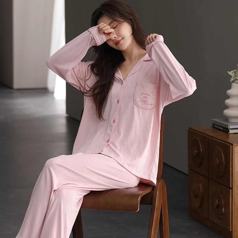 Women Cardigan Lapel Neck Solid Nightwear Suit Autumn Long Sleeve Cotton Pajamas Casual Homewear Big Yards M-4XL Pijamas Mujer