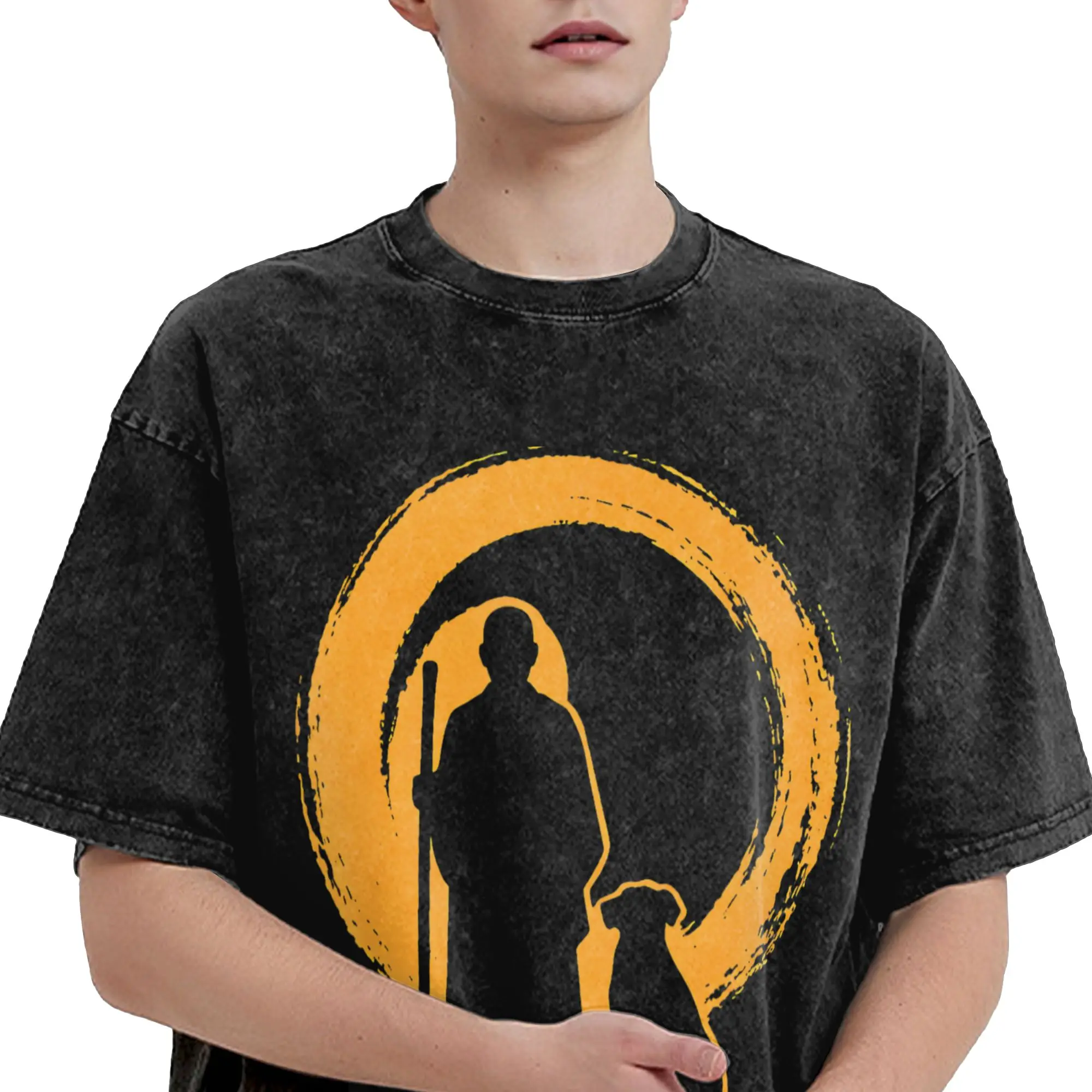 Fun Peace Walking Monks T-Shirts for Men O Neck Pure Cotton Washed T Shirt  Short Sleeve Tees Birthday Gift Clothes