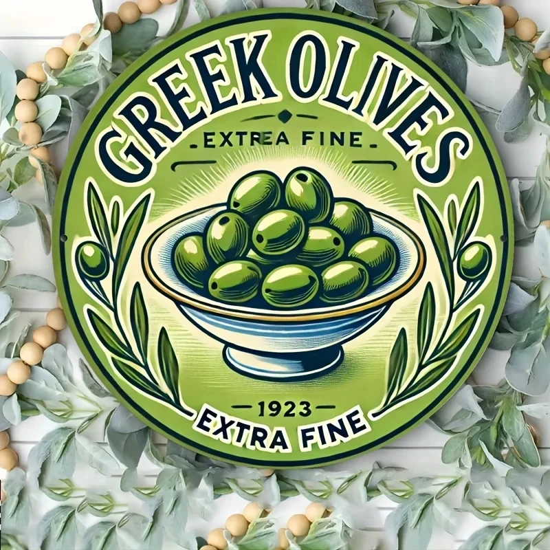 2D Flat, 1 Piece 8X 8inch Greek Olive Vintage Metal Wall Art Sign - Vintage Style Aluminum Decoration with 