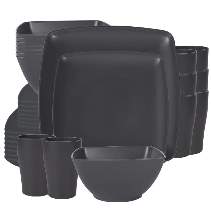 Steak Plate Kit Wheat Straw Square Steak Plate Bowl Cup Set Dinnerware Set for Kitchen Household Outdoor Camping Everyday Use