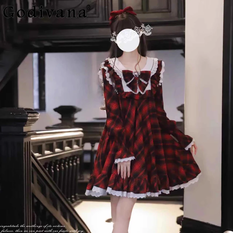 

Original Red and Black Plaid Dress Female Autumn Winter Doll Lolita Dress Women's Japanese Style Cute A Line Bow Dress