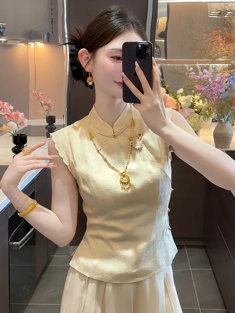 

New Chinese Sle Svel irt Women's Faion Waist-Cinching Design Summer Trendy Top Breathable Comfortable Korean Comm...