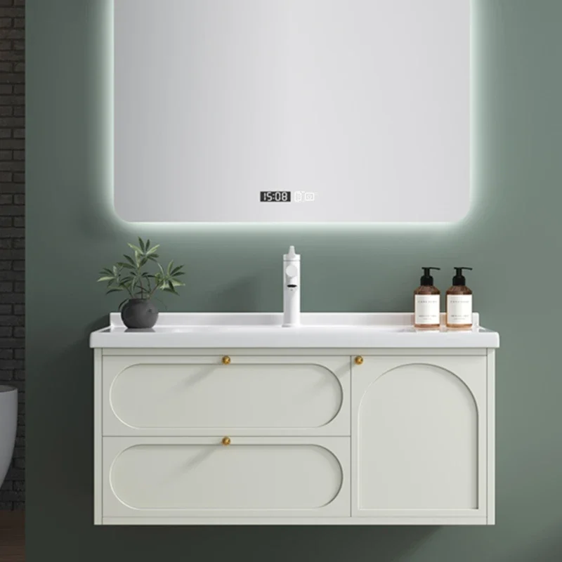 Cream wind rubber wood baking paint bathroom cabinet combination ceramic integrated basin bathroom hand washing basin cabinet wa