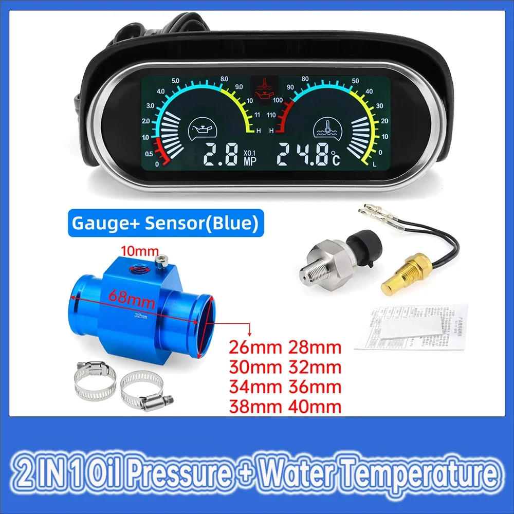 

Universal Car LCD Horizontal Digital Gauge 2 in 1 Oil Pressure Gauge+Water Temperature Gauge with Temperature Joint Pipe Sensor