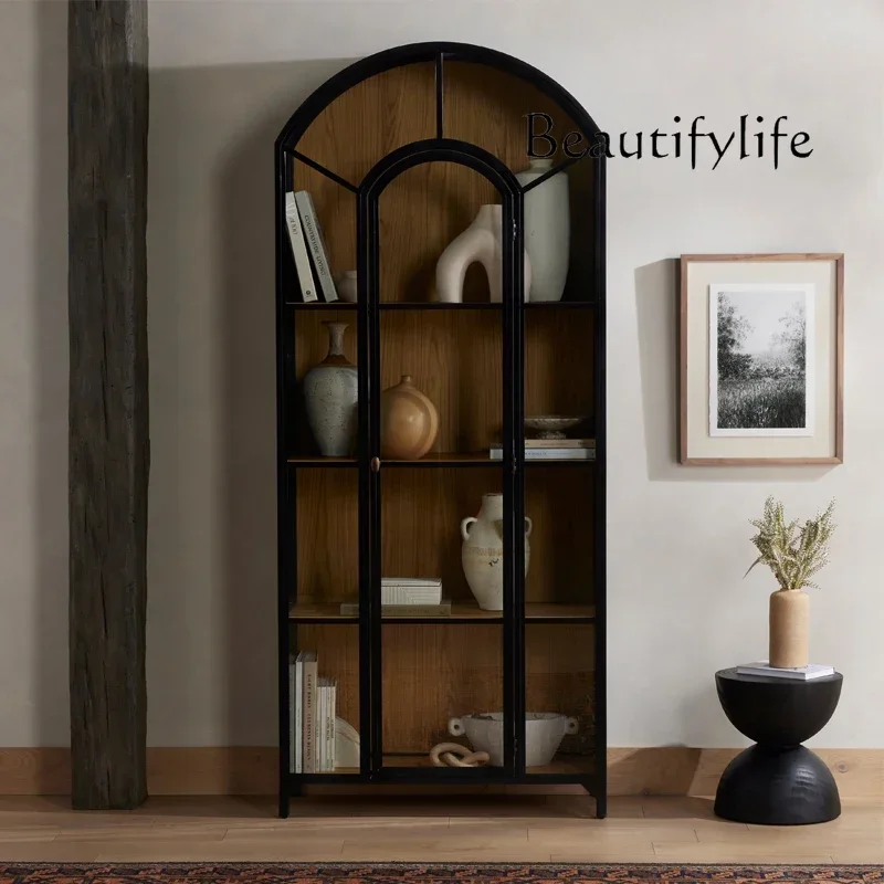 N40BK American Light Luxury Solid Wood Bookcase Simple Household High-grade Black Arched Display Cabinet With Glass Door