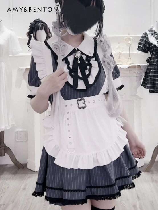 

Subculture Gothic Cos Maid Suit Original Japanese Cute Rhinestone Bow Lapel Short Sleeve Slim Dress Apron Two-piece Set Women