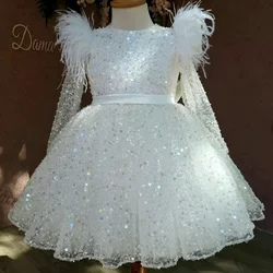 Fashion Baby Girl Princess Sequins Tutu Dress Long Feather Sleeve Child Vestido Wedding Party Birthday Xmas Baby Clothes 1-14Y