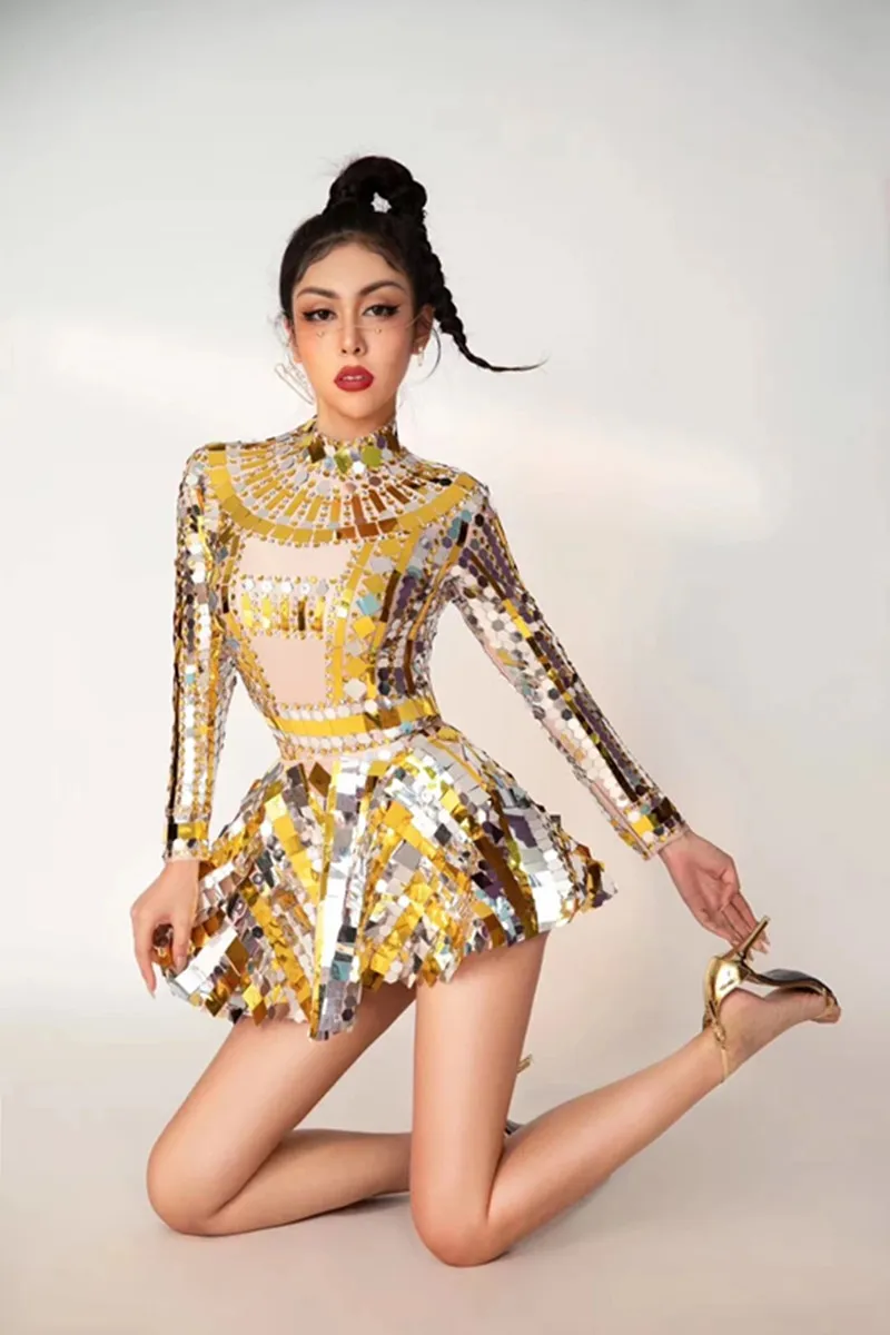 Shiny Silver Gold Rhinestone Sequined Dance Costume Bodysuit Skirt Two Pcs Set Birthday Celebrate Prom Party Outfit Stage Wear