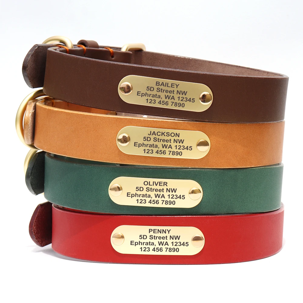 Custom Dog Collar Durable Personalized Pet Dog Collars Engraved Genuine Leather Collars For Small Medium Large Dogs