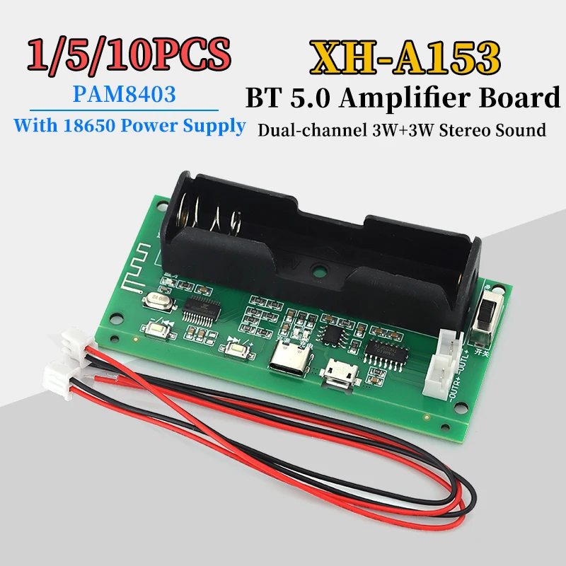 Placa de amplificación de Audio PAM8403, Bluetooth 5,0, sonido estéreo de doble canal, 3W + 3W, con soporte para batería 18650, 1/5/10 Uds.