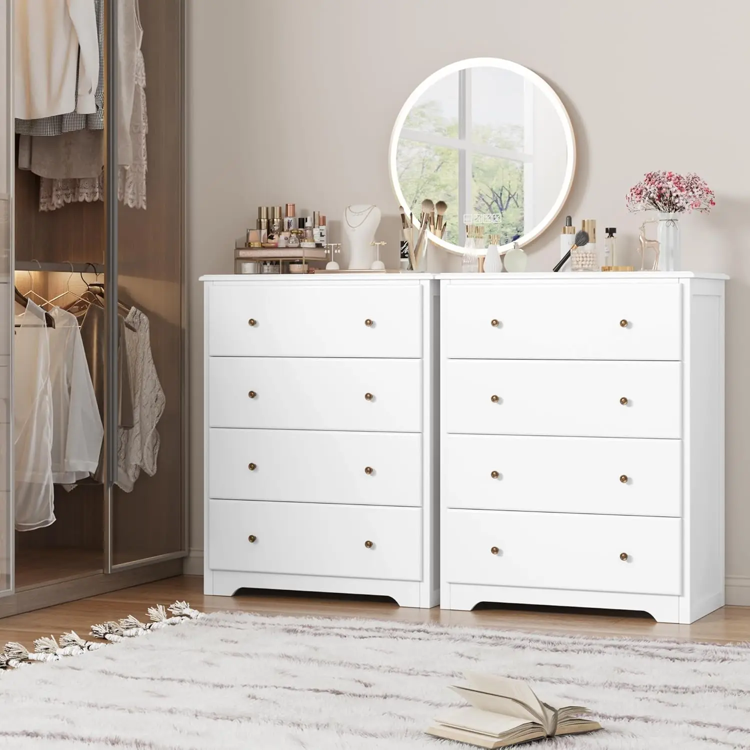 สีขาว Dresser 4 ลิ้นชักลิ้นชักโมเดิร์นสูงตู้สําหรับห้องนั่งเล่นห้องโถง Entryway Home Office