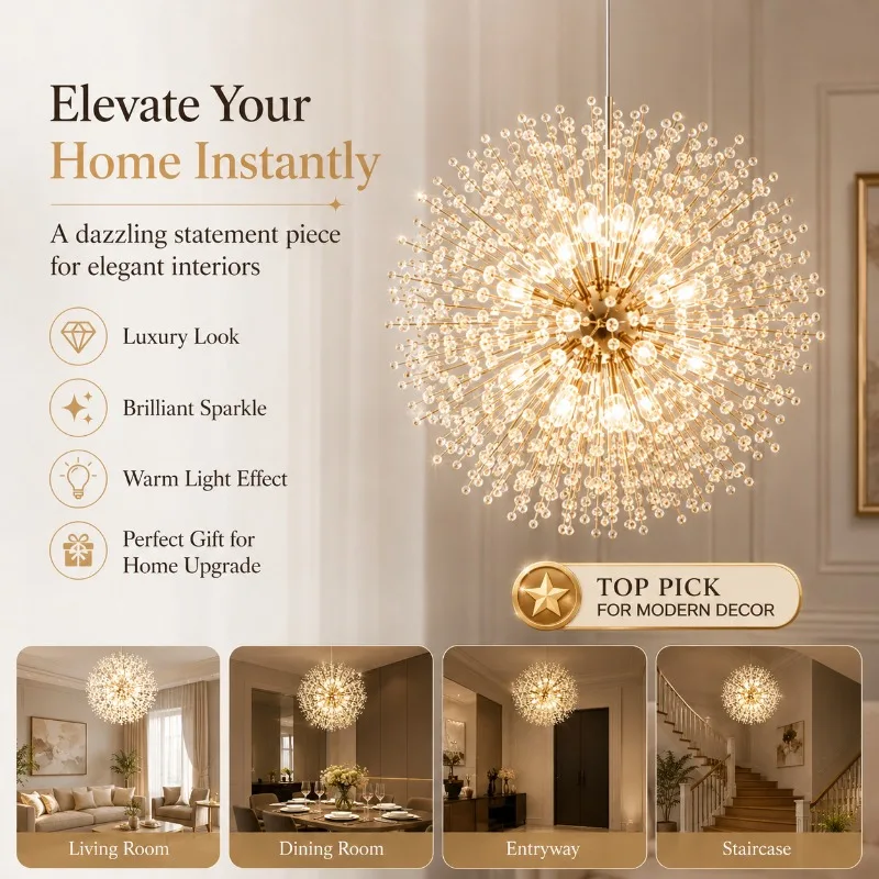 Modern Minimalist Starry Sky  Dandelion Crystal Chandelier  Living Room Light  Foyer Staircase  Bedroom  Dining Room Lighting