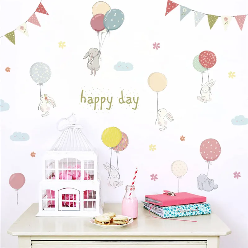 Cute Bunny Playing Balloon Wall Stickers Kids Girls Room Home Decoration Animal Rabbit Mural Art Diy Pvc Safari Decal Poster