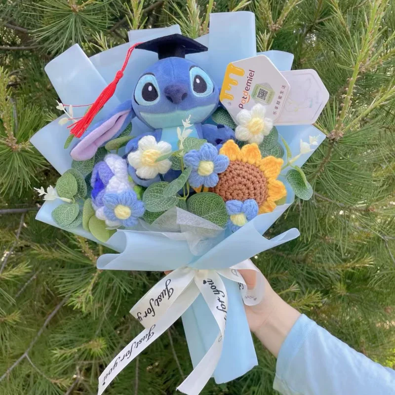 Genuine Stitch Plush Dolls Small Pendant With Artificial Flowers Handmade Bouquets Gifts For Valentine Graduation Christmas
