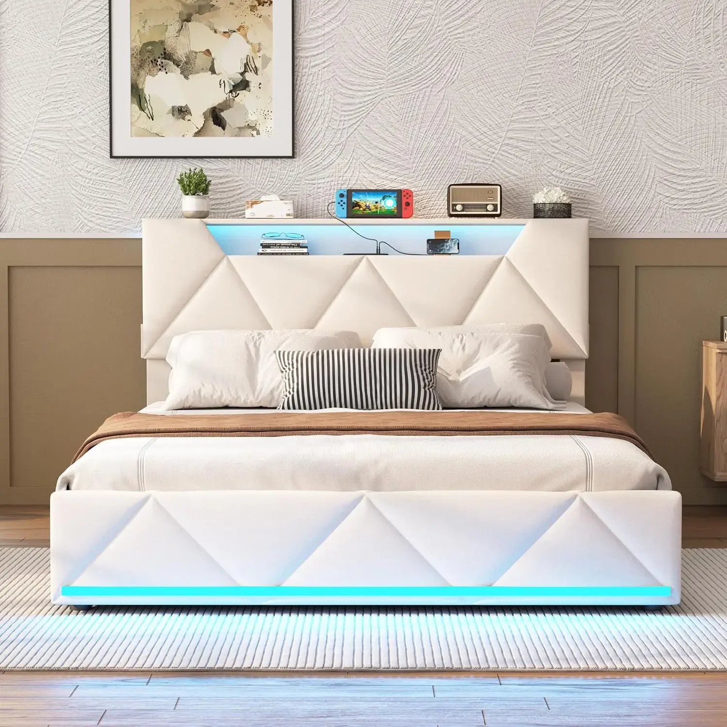 Vabches Bed Frame Queen with Storage Headboard&4 Drawers Upholstered Platform Bed Frame with Charging Station&LED Lights Bedroom image 5