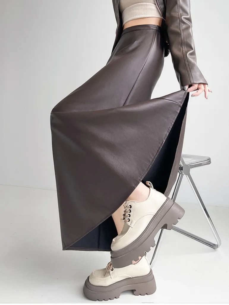 Jupe trapèze en cuir marron pour femmes, Vintage, esthétique Y2k, plissée, Harajuku, gothique coréen, longue, vêtements Emo années 2000, automne