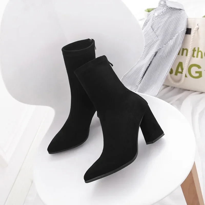 Ankle Chunky High Heel Sock Chelsea Boots Women Autumn Fashion Pointed Frosted Suede Short Boots Female Pumps Sexy Warm Boots