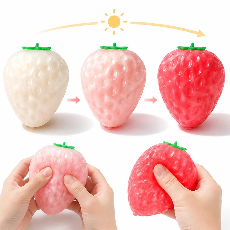 Color Changing Strawberry Squishy Slow Rising Sunlight UV Sensitive Squeeze Toy Stress Relief Sensory Fidget Gift for Kids Adult