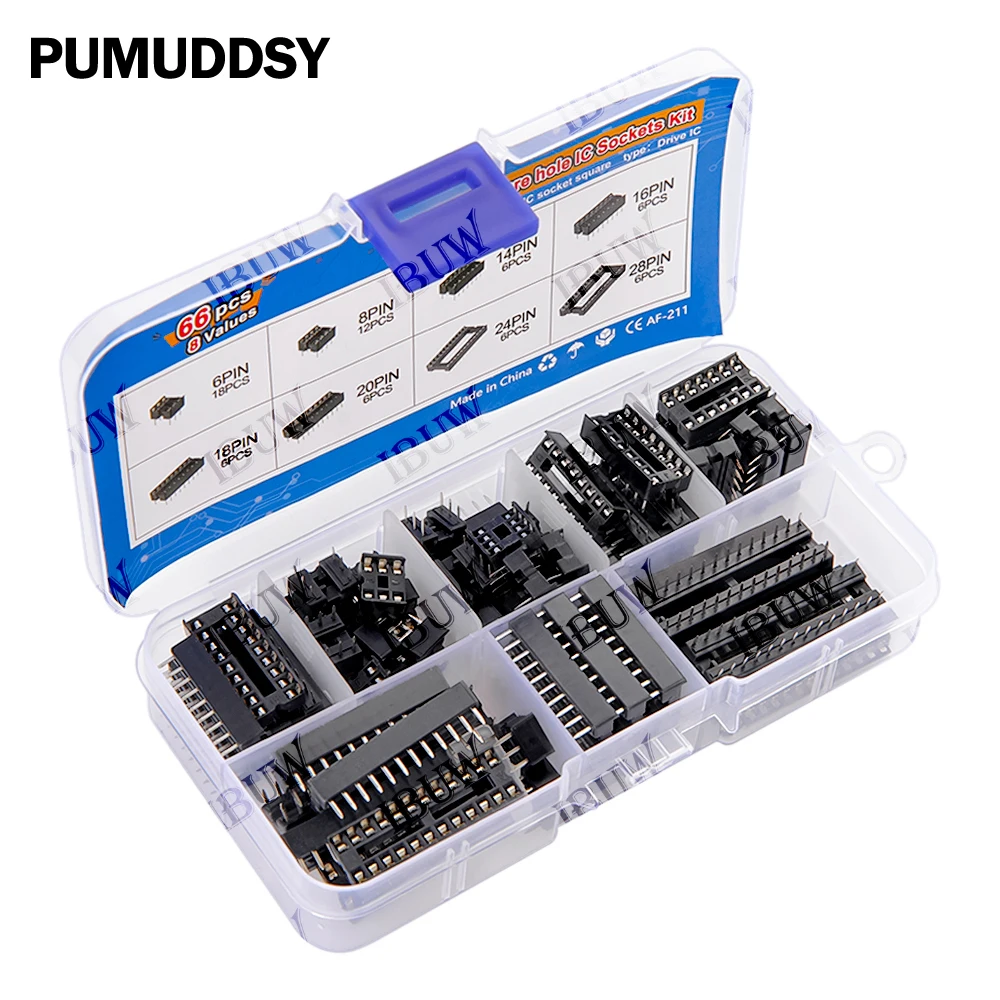 66PCS/lot with Box Solder Type Socket Kit DIP IC Sockets Adaptor 6 8 14 16 18 20 24 28 Pin DIP-6 DIP-8 DIP-14 IC Connector 24PIN