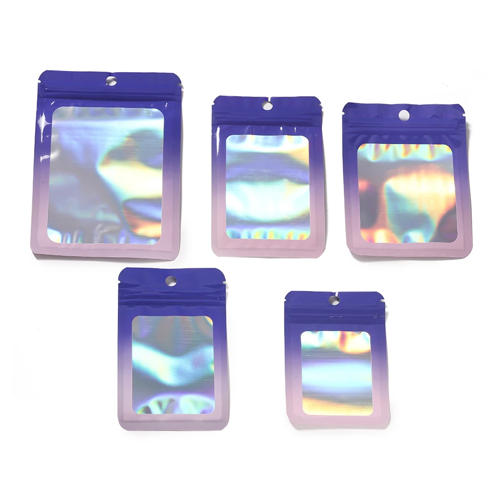 50pcs/lot Hologram Gradient Thicken Ziplock Window Bag Color Plastic Pouch for DIY Jewelry Retail Storage Pouch Zip Lock Bag