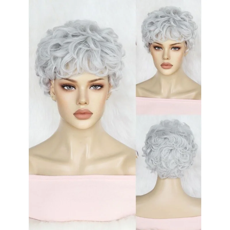 

New Women Ladies Curly Wig Short Grey Synthetic Hair Wigs