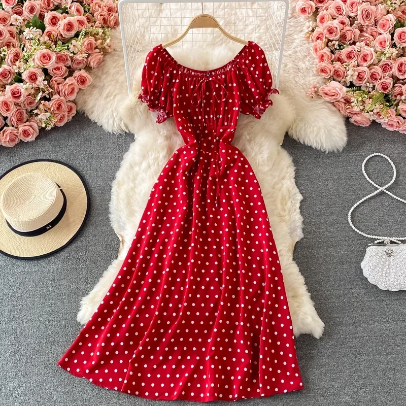 Sommer Frauen rot/grün/weiß Tupfen langes Kleid Strand urlaub sexy kurze Puff ärmel hohe Taille A-Linie Party Robe neu