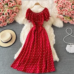 Summer Women Red/Green/White Polka Dot Long Dress Beach Vacation Sexy Short Puff Sleeve High Waist A-Line Party Robe New