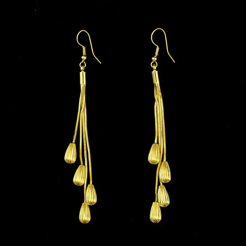 9999 Real Gold 24K Japanese and Korean Fashion Long Temperament Love Earrings Long Fringed Personalized Women's Ear Hooks