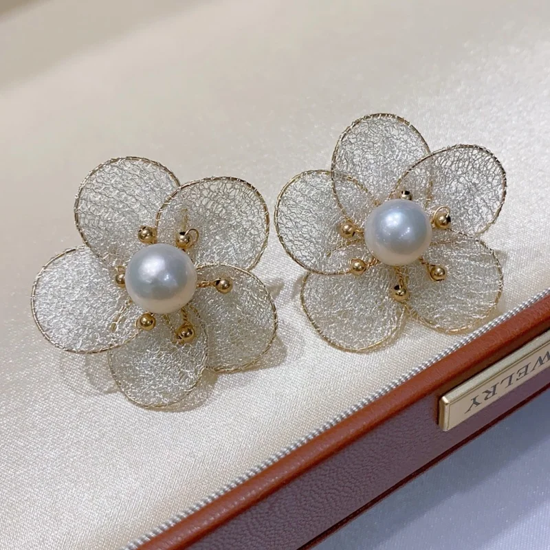 

SGARIT трендовые ювелирные изделия с жемчугом, кружевной цветок, 2,5 см, внешний диаметр 9-10 мм, серьги из 14-каратного золота с натуральным пресноводным жемчугом