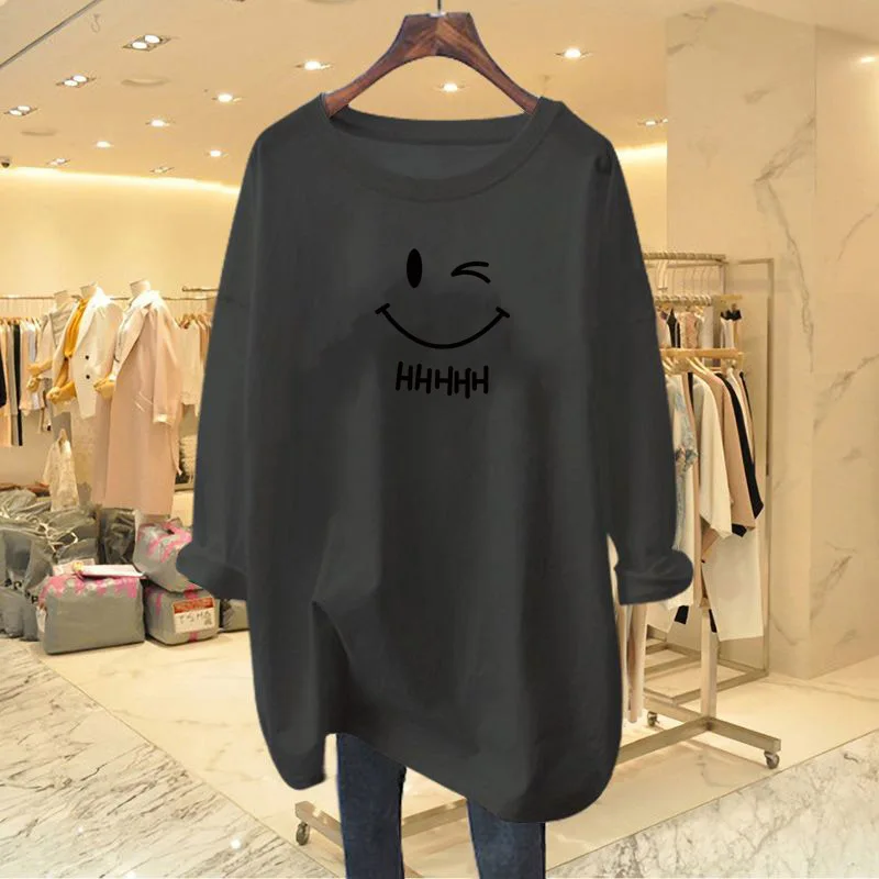 Women Clothing Fashion Smiling Face T-shirt Spring Autumn Casual Loose O-neck Long Sleeve Pullover Chic All-match Cotton Top Tee