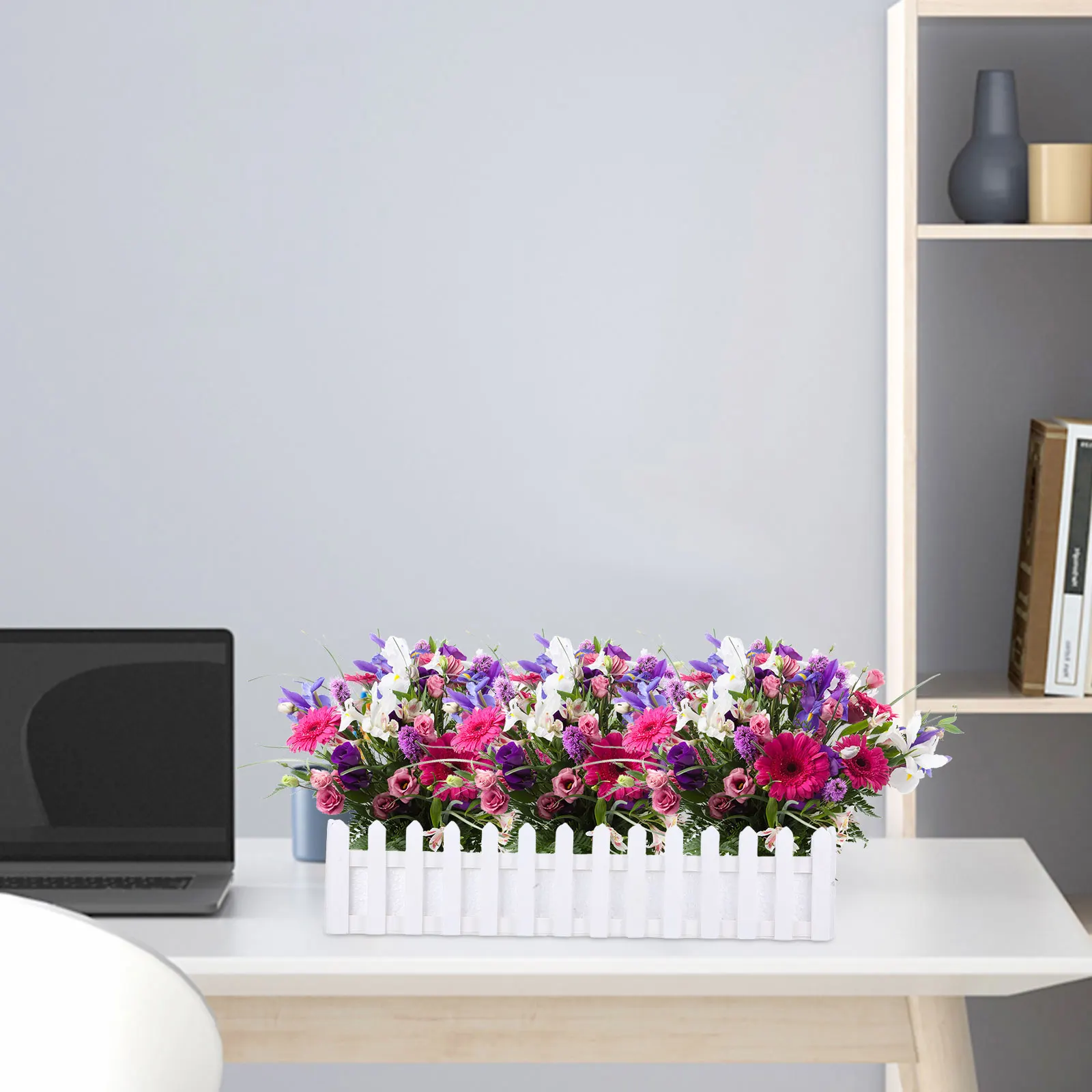 

Simulated Wood Fence Flower Pot Picket Rectangle Planter with Foam Insert Artificial Flowers Plants Container