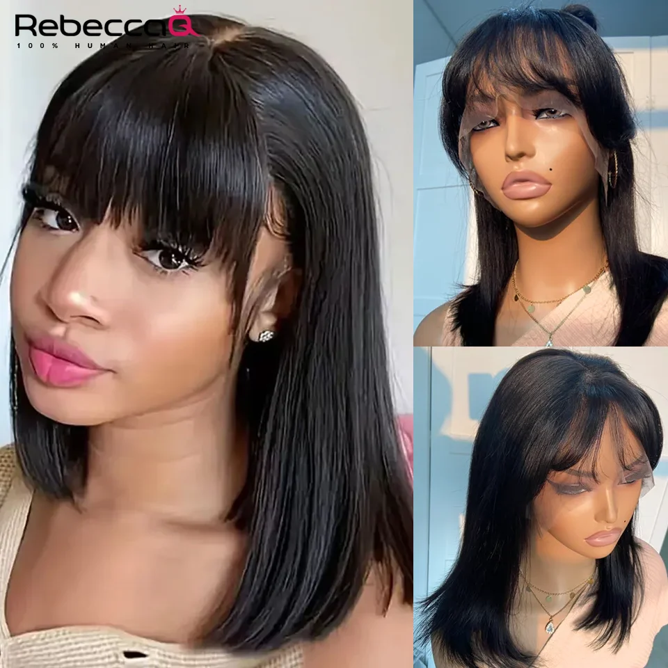 

Straight Bob Wig With Bangs For Women Peruvian Remy 13*6*1 Lace Front Natural Color 100% Human Hair Wigs Glueless Bob Wig