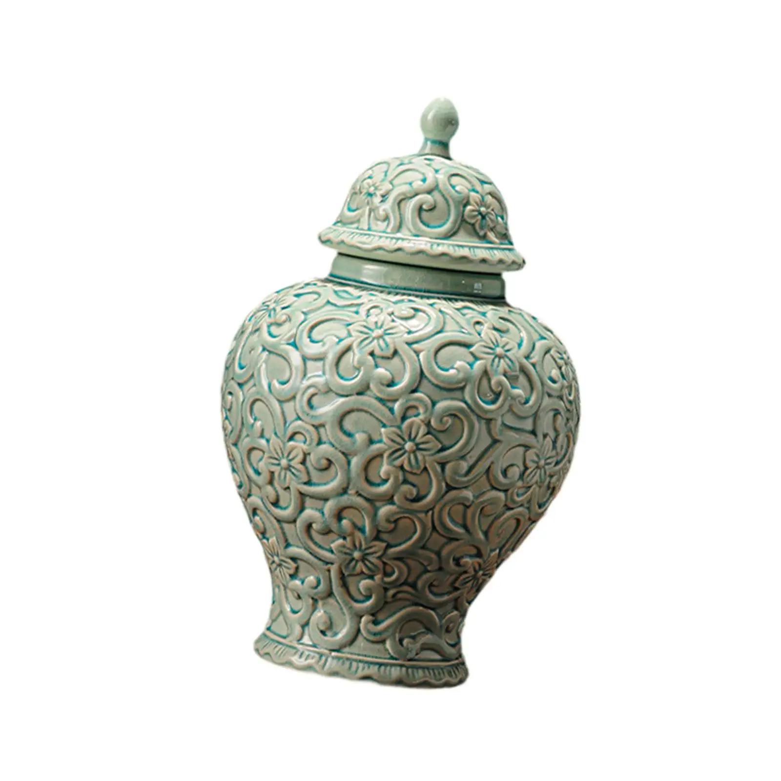 Sealed Ceramic Ginger Temple Jar Embossed Porcelain Vase Airtight Canister Food Organizer for Sugar Flour Kitchen Table