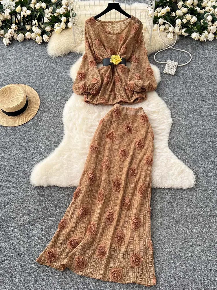 

Sexy Hollow out sweater and long skirt Women's Luxury 2 Piece set 2025 Oversize 3D Floral Knit tops with belt Beige Black 5D087