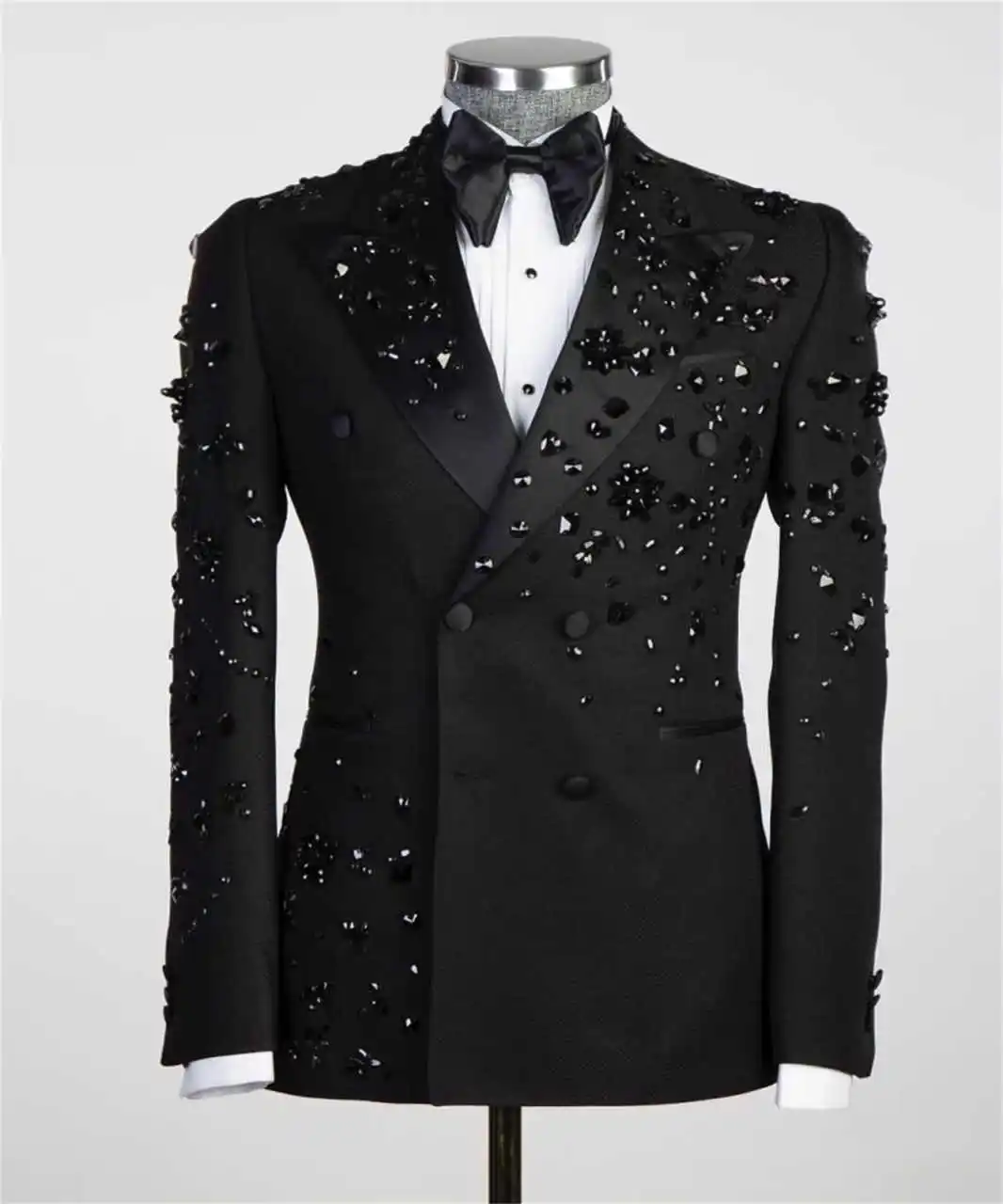 Luxury Men's Suit Coat Peaked Lapel Tuxedos Double Breasted Crystal Groom Wear Business Party Only Blazer Customized