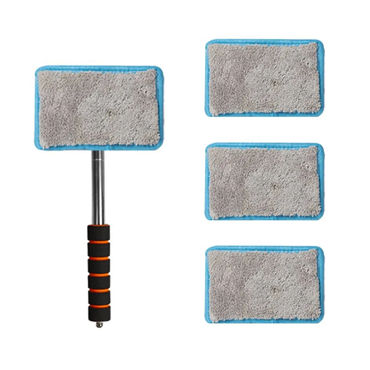 AMAW 4pcs Car Glass Cleaning Cloth with Metal Telescopic Pole for Defogging and Dust Removal, Interior Window Cleaner Blue