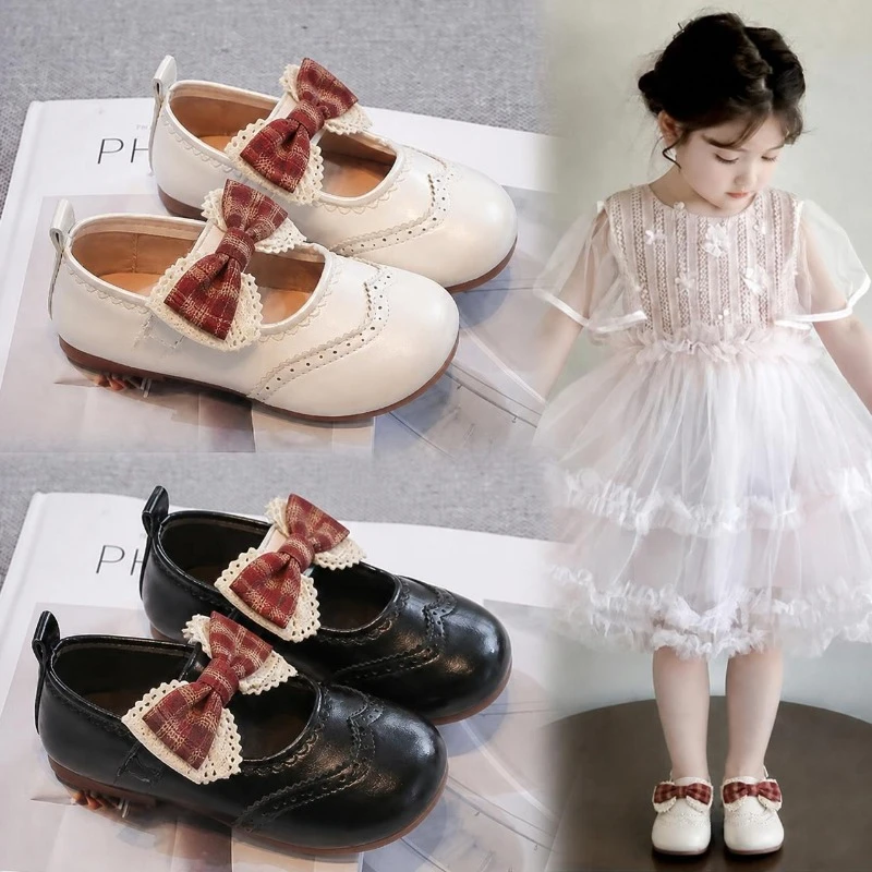 Kids Flat Shoes Sweet Lace Bows Girls Leather Shoes Round Toes 2026 Brand New Children Princess Shoes Non-slip Trendy